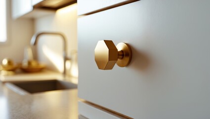 Image detailing kitchen cupboard joinery doors along with brushed gold handles.