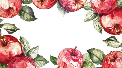 Beautiful watercolor apple frame with vibrant red apples and leafy green accents, perfect for invitations or decor