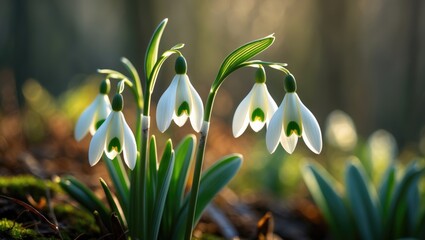 A close view of one snowdrop bloom with white petals and green foliage, glowing in soft sunlight, encircled by colorful plants in a natural backdrop