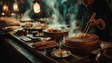 Close-up of traditional Asian street food being served at a night market, steam rising, warm lights, chopsticks, vibrant and authentic travel scene