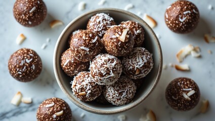 Savory Coconut-Chocolate spheres enveloped in grated coconut set against a white background. Blank space. Healthy energizing biscuit concept