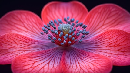 Vibrant flower detail featuring deep pink petals and contrasting light blue center on a dark background