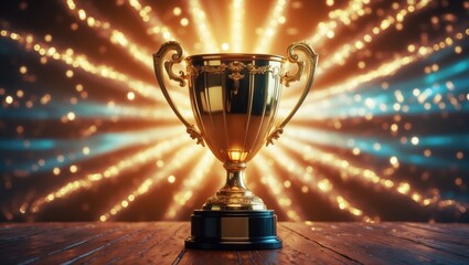 Image featuring a gold trophy on a wooden table with a dark backdrop and abstract shimmering lights