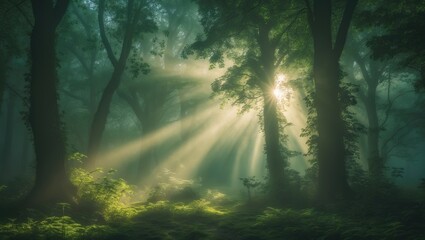 Fototapeta premium Morning light filters through dense leafy trees enveloped in mist, casting a tranquil glow throughout the forest.