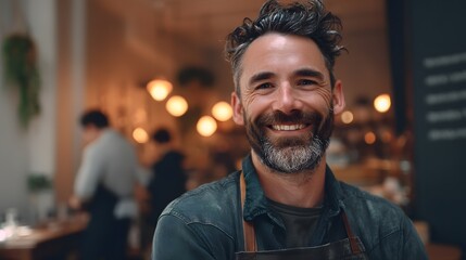 Fototapeta premium Happy Male Restaurant Owner Smiling Brightly in Cozy Dining Space with Customers in Background