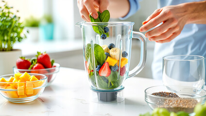 Preparing healthy fruit smoothie: hands adding spinach, banana, berries to blender in kitchen. Healthy food, breakfast prep concept