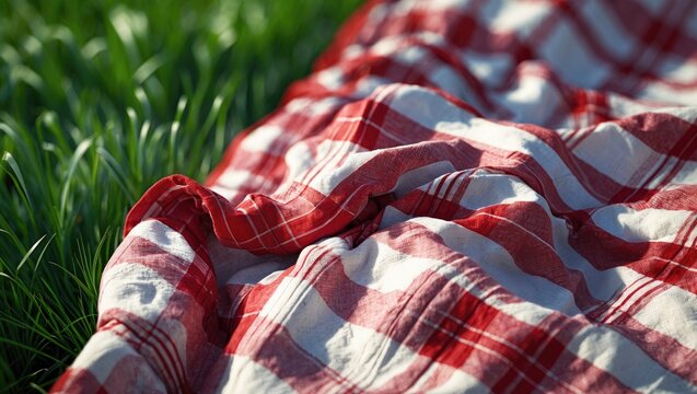 Empty outdoor space for food advertisement featuring a red picnic blanket on green grass.