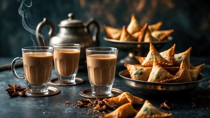 Spiced Indian tea with kettle, samosa, and herbs against a dark background