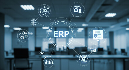 ERP system: Streamlining business operations for enhanced efficiency and growth in a modern office setting with a cool blue tone.