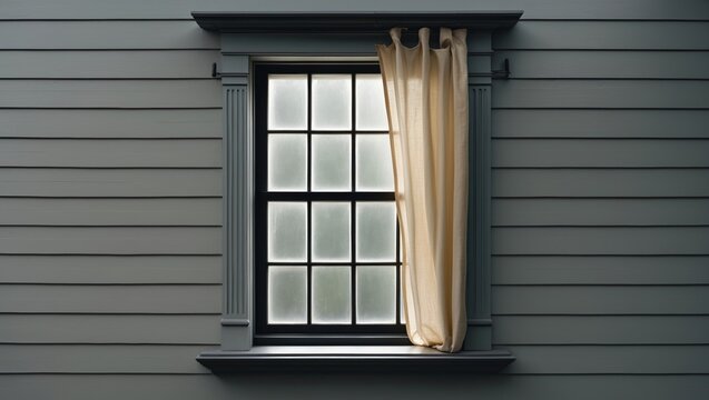 A tan-colored building's exterior wall is constructed with narrow horizontal wooden clapboard, featuring a single hung closed block glass window with crown trim molding and glass dividers.