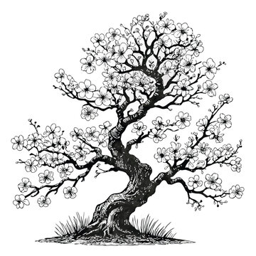 Black and white bonsai tree illustration with blooming cherry blossoms &ndash; detailed line art vector in traditional woodblock print style, featuring twisted trunk and fine branch structure