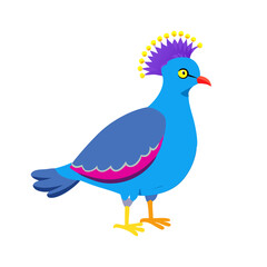 "Stylized Cartoon Crowned Pigeon with Vibrant Feathers and Punk Crest in Vector Art Style"