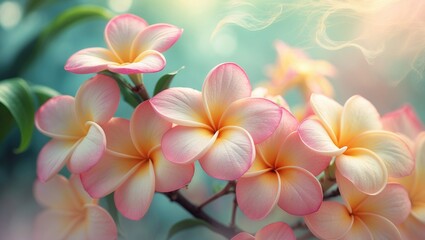 Vibrant panorama of flowering plants with a pastel color filter in a soft blur for use in banners or card backgrounds. Bright spring flowers.