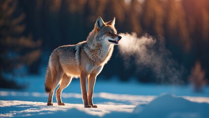 Obraz premium Coyote Howling with Breath in the Mist