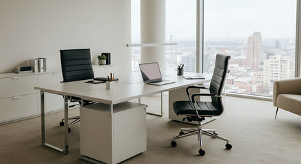 Modern Office: City View, Minimalist Design AI Generated
