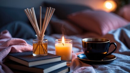 Fragrance for home in glass container with bamboo sticks, alongside a cup of black tea and a scented candle on a pile of paper books illuminated by warm light in a bedroom closeup. Aromatherapy.