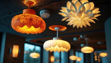 Lamps emitting orange and yellow light with smoke detection on the ceiling. Vintage lantern interior design.