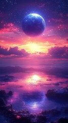 Naklejka premium Ethereal cosmic scene with a planet, sunset, and water reflection in hues of pink and blue