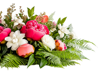 Vibrant bouquet with white, pink, and green flowers, perfect for celebrations, set against a stark transparent background