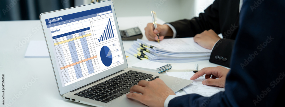 Poster spreadsheet document information financial startup concept. data and graphs in spreadsheet documents