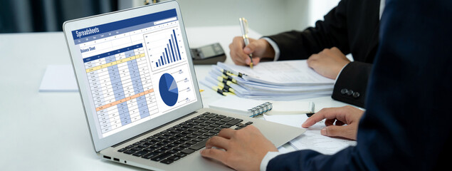 Spreadsheet document information financial startup concept. data and graphs in spreadsheet...