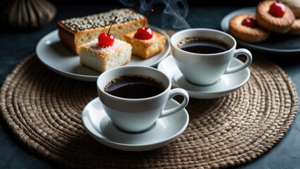 Warm coffee paired with coconut tart and red bean bread on a mat
