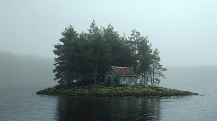 Obraz premium Tiny House Nestled on Serene Island Surrounded by Tranquil Lakes in Misty Landscape Captured in Soft Light