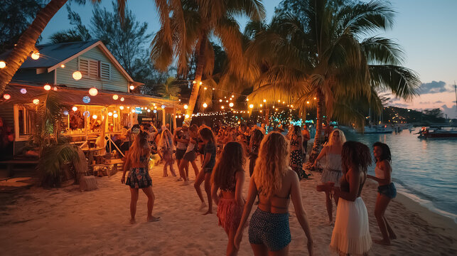 Group of young people dancing barefoot on the beach at sunset near a tropical beach bar, colorful lights, palm trees, carefree summer party vibe