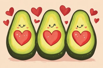 Fototapeta premium Charming Kawaii Avocado Illustration: A Cute Symbol of Love for Valentine's Day with Hearts and Romantic Vibes