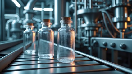 Pharmaceutical sector, medicine tablets are being loaded into bottles on the conveyor belt of the production line. selective focus.