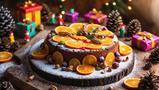 Festival Fruit Cake Made at Home with Dried Fruit Mix on Cutting Board