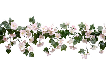 Fototapeta premium Gentle floral sprig with delicate blossoms in soft pink and verdant leaves against an isolated transparent background