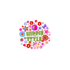 Typographic t shirt or bag print with hippie style lettering, poppies, toadstool, stars, peace and love sign on white background. Part 5