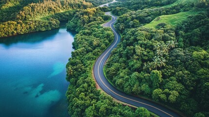 Lush green tropical landscape with a winding road alongside a vibrant blue lake, captured from a stunning aerial perspective