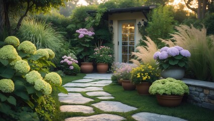 Obraz premium Stunning Little Lime hydrangea bushes and blossoming grasses provide a romantic vibe and boost the curb appeal at the entrance of this house.
