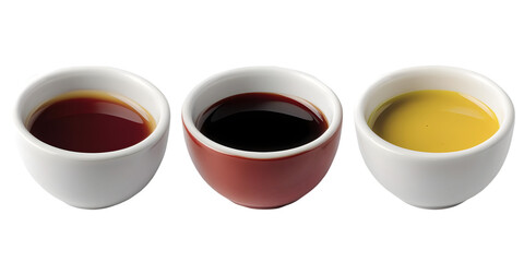Photo of Three Bowls With Soy Sauce Mustard and Dark Liquids on Black Background