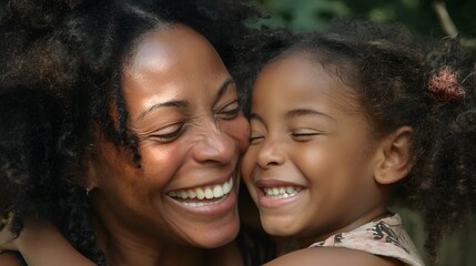 Fototapeta premium Joyful African American Mother and Daughter Sharing a Heartfelt Hug and Laughter in a Blissful Outdoor Setting
