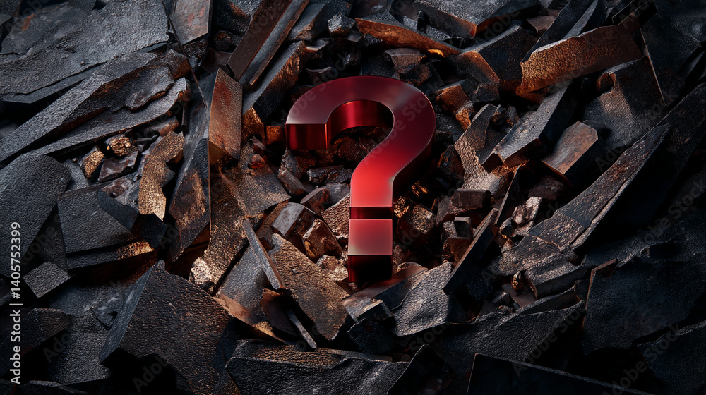 Aufkleber Red question mark embedded in dark, rough, fragmented texture, symbolizing mystery, uncertainty, or problem-solving, suitable for concept designs