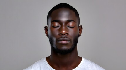 Obraz premium Male Model with Closed Eyes Posing in a Studio Setting on Grey Background for Calm and Relaxation Themes