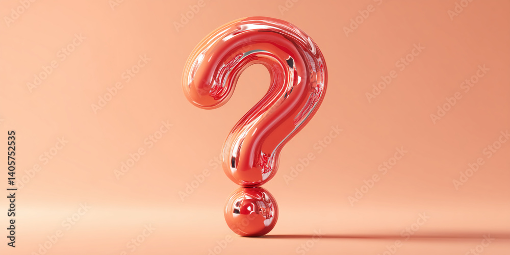 Poster glossy coral question mark, balanced on a sphere, against a coral background. symbol of inquiry, unc