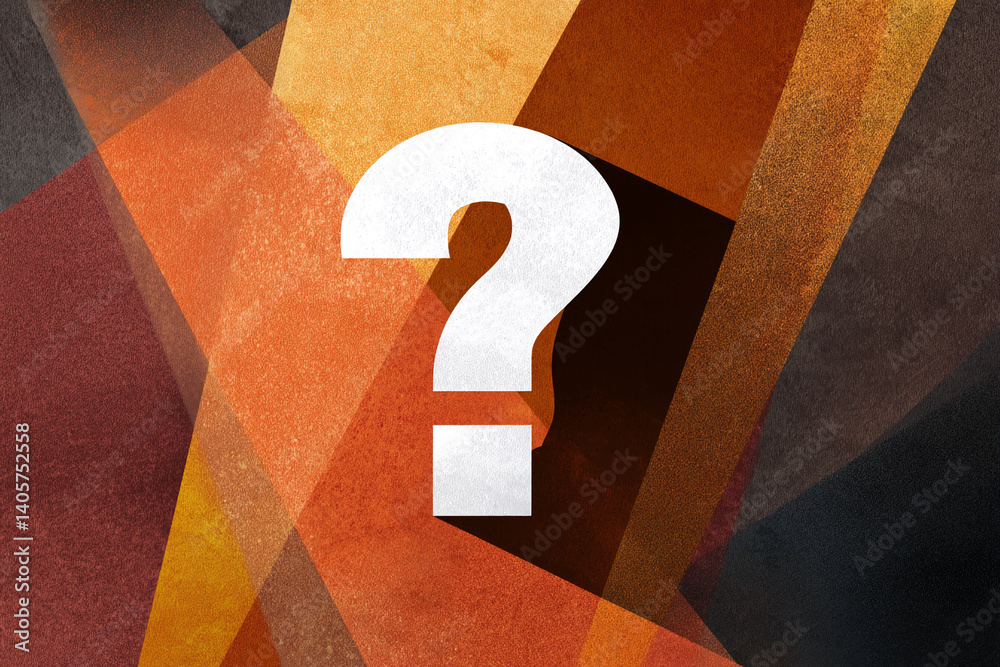 Poster abstract graphic with a large white question mark on a textured, brown and orange background, symbol