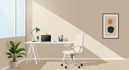 Fototapeta premium Sunlit Workspace: Minimalist Home Office Design AI Generated