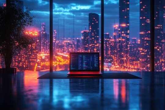 Laptop illuminated in a modern workspace overlooking a vibrant city skyline at night