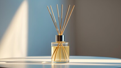 Fragrance diffuser bottle with sticks on a white background. Air freshener concept.