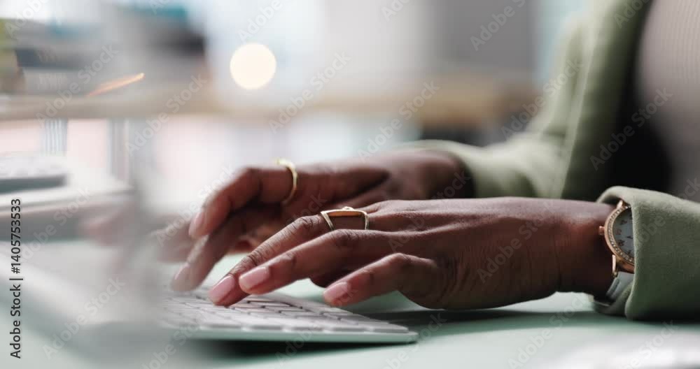Aufkleber business person, hands and typing for email, spreadsheet and proposal or application for office work