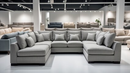 Display area in the upholstered furniture store featuring sofas. A sample room showcasing pastel-colored sofas.