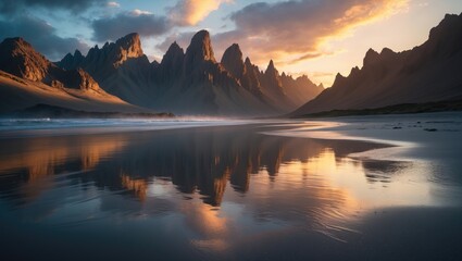 Obraz premium Summer panorama of black sand beach and golden sunrise on mountains