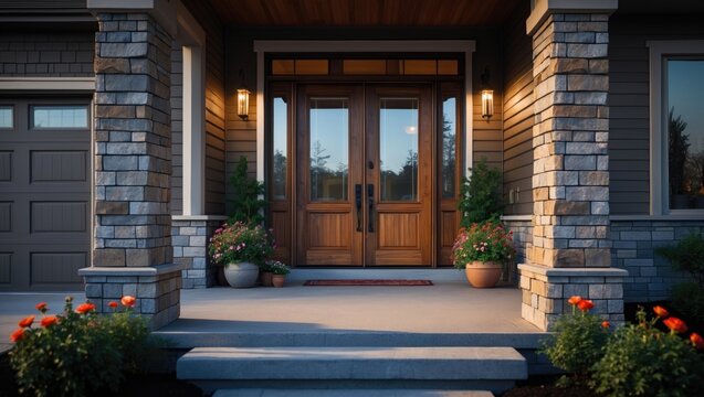 Front porch panorama showcasing two wooden doors alongside potted flowers. Siding house exterior with a garage to the left.
