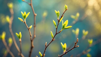 Narrow brown limbs embellished with small vivid green shoots, indistinct background.