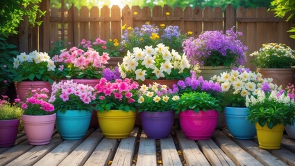 Area with patio encircled by a variety of vibrant potted plants.